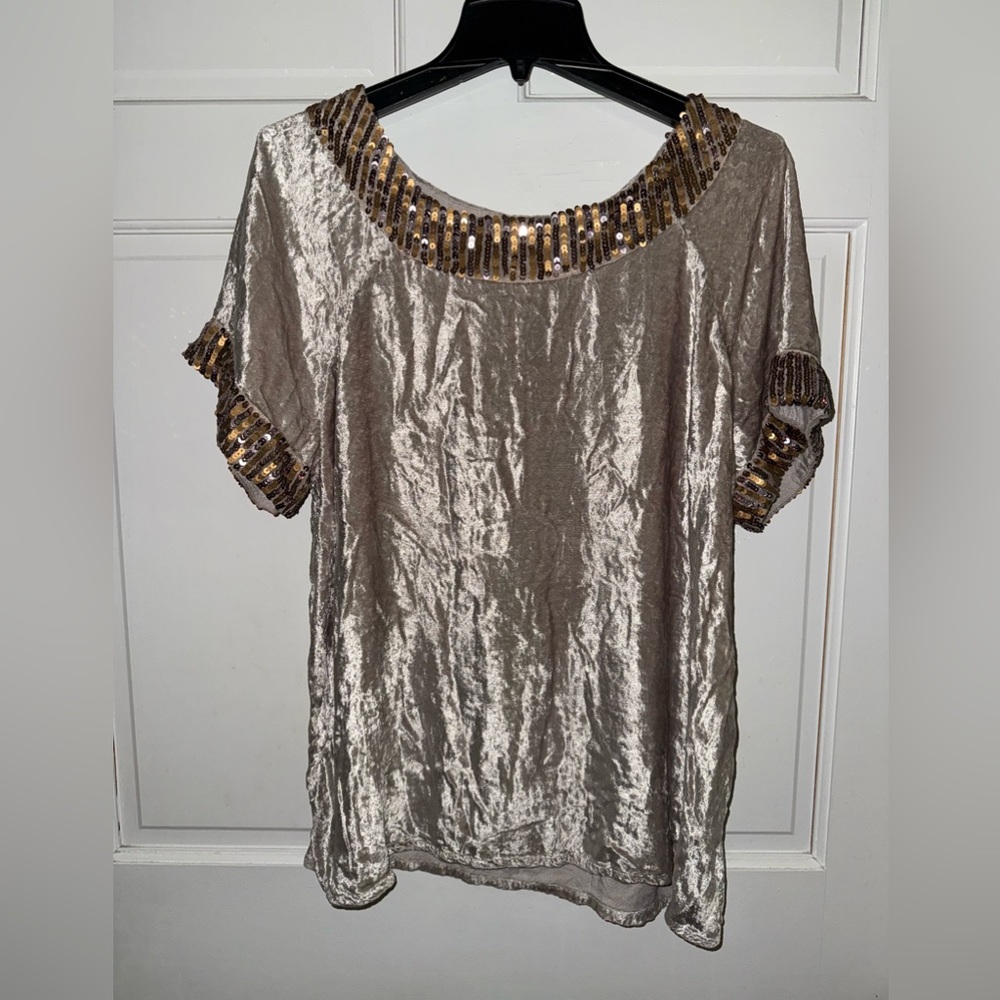 Monroe & Main Champagne Blouse with Gold-tone and Silvertone Sequin Accents